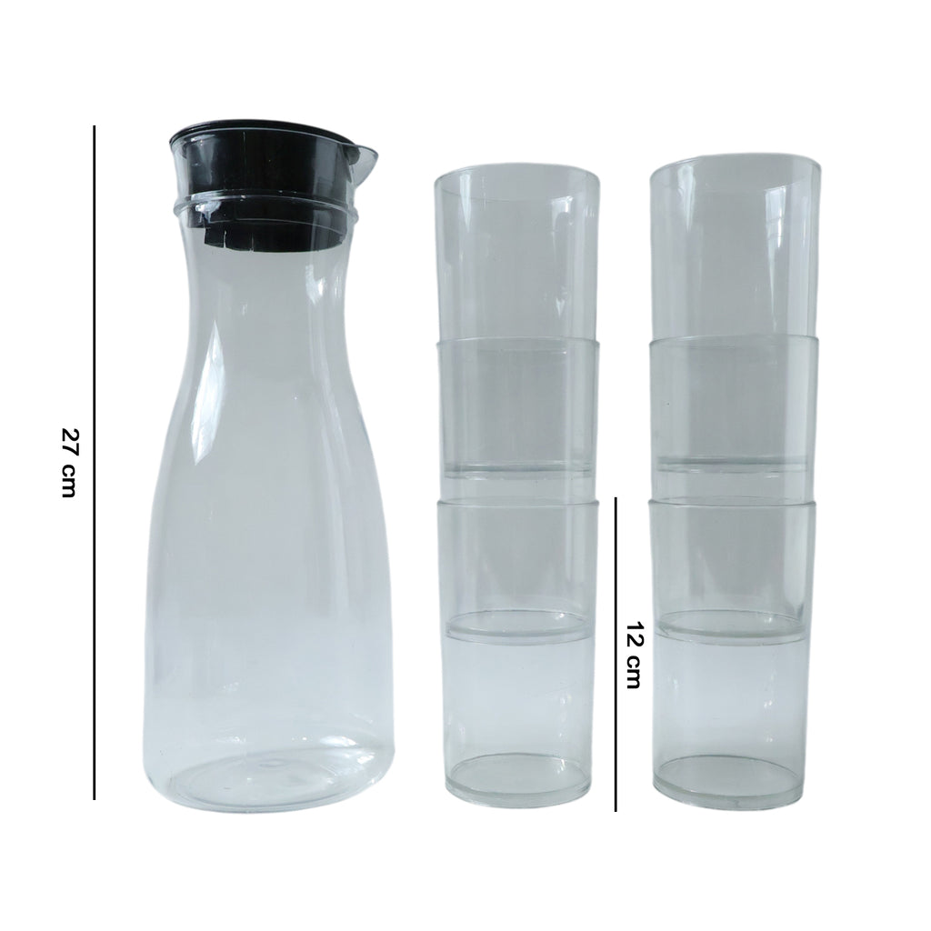 Prexo Plastic Water Jug And Drinking Glass Set (1 Jug 1000ml 6 Glasses 300ml)