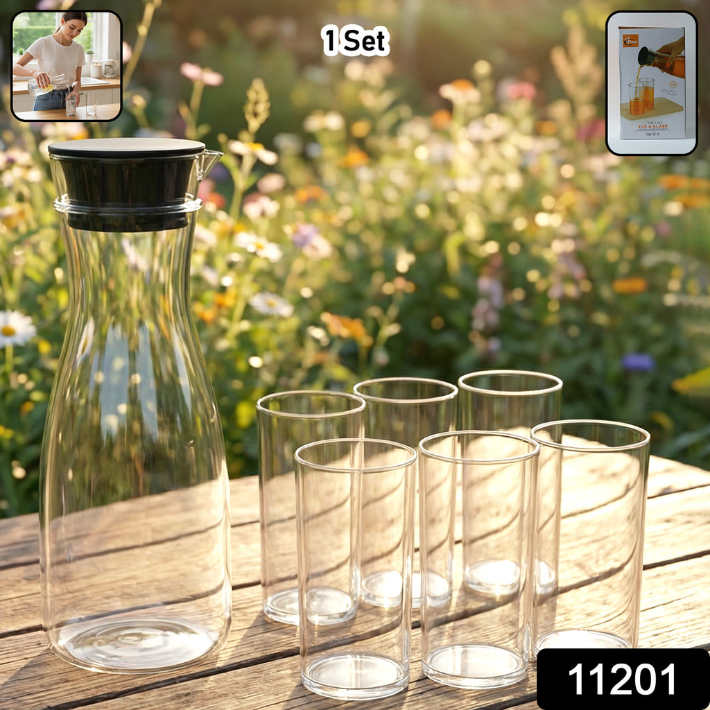 Prexo Plastic Water Jug And Drinking Glass Set (1 Jug 1000ml 6 Glasses 300ml)